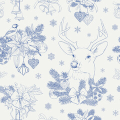 Christmas Vintage seamless pattern deer tit birds botanical and holiday elements toys bows snowflakes fir holly. Vector background for design package, wrapping paper. Blue beige Hand drawn line art © Olha