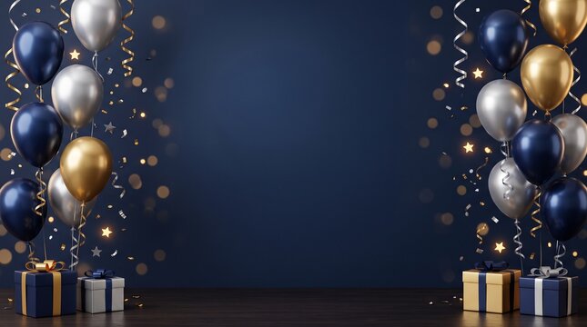 Luxury dark blue celebration background framed by navy, gold, and silver balloons with gift boxes, confetti, ribbons, and copy space for birthday, anniversary, party, or event designs.
