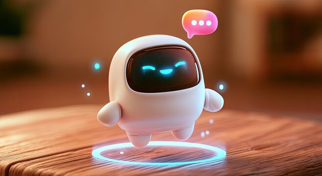A cute, round, white AI robot with a glowing blue ring, hovering above a wooden surface