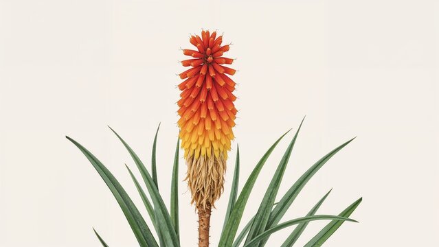 Aloe Vera plant with a large vibrant orange and yellow flower spike and long green leaves.