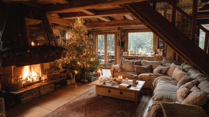 Fototapeta premium Cozy rustic living room with a warm fireplace and Christmas tree, creating a festive and inviting atmosphere for winter gatherings