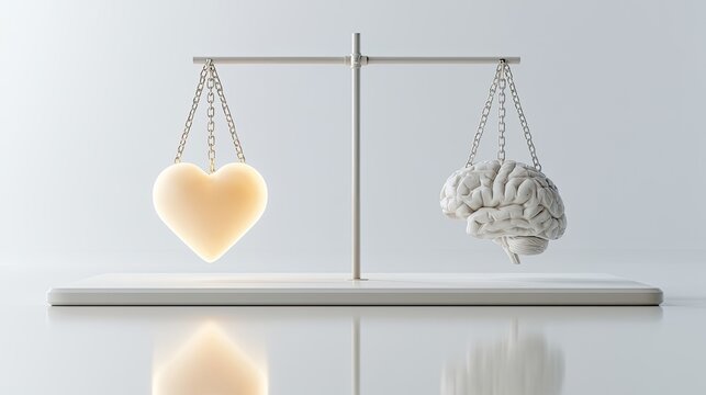 A balanced scale contrasts a glowing heart with a detailed brain