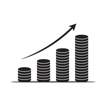 Stacked coins with rising arrow black silhouette on white background