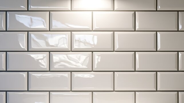 Smooth, shiny white rectangular tiles arranged in a staggered brick pattern