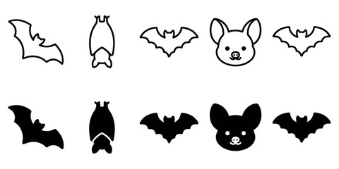 Obraz premium Bat icon set with hanging and flying animals depicted in outline and solid black style for halloween projects and nocturnal wildlife design resources isolated graphics.