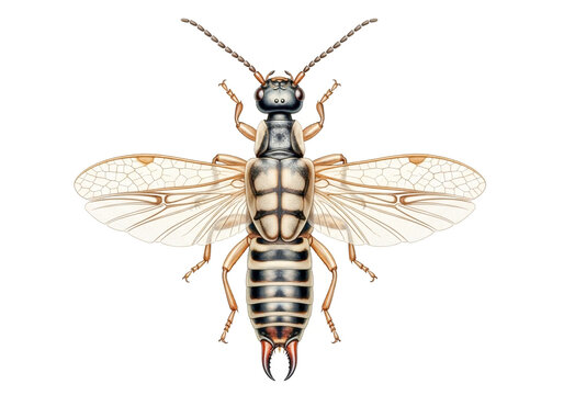 Detailed top view illustration of a winged earwig insect