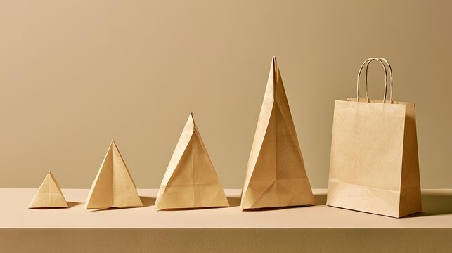Paper bags ascend in size and complexity from origami triangles to a handled tote