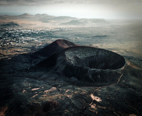 Aerial view of volcano, mountains of Fuerteventura island at sunset. © Zhanna
