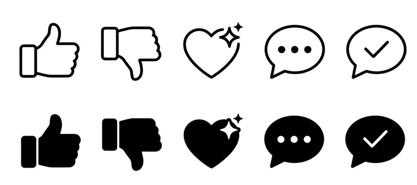 Social media reaction icons set in line and solid styles including thumbs up like thumbs down dislike heart love shiny sparkle chat bubble and check mark message symbols.