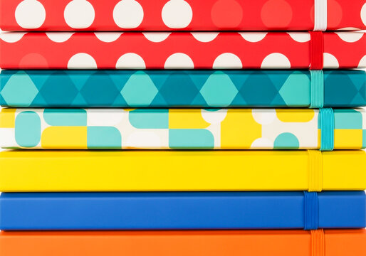 Stack of colorful notebooks with polka dot patterns