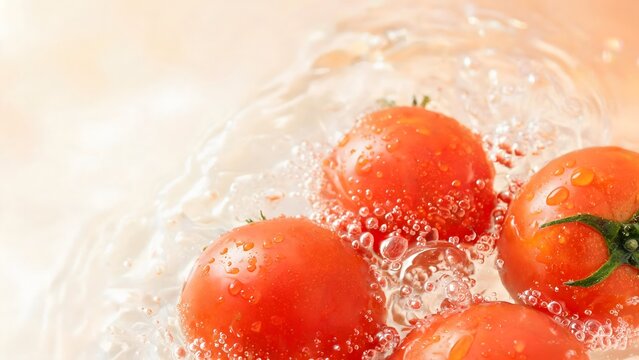 Fresh and plump tomatoes with sparkling water flowers