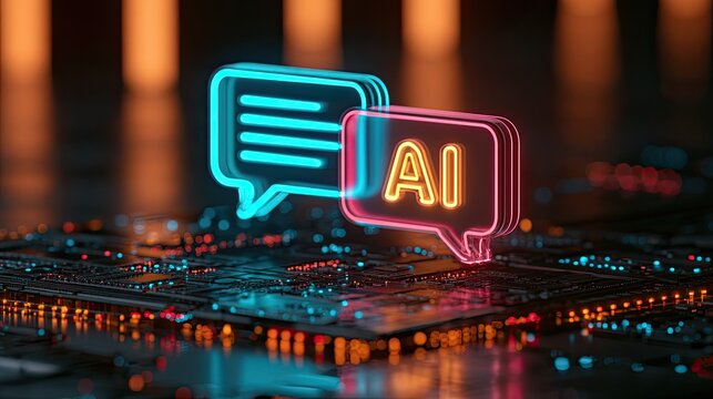 Glowing neon speech bubbles, one with "AI," hover over a circuit board