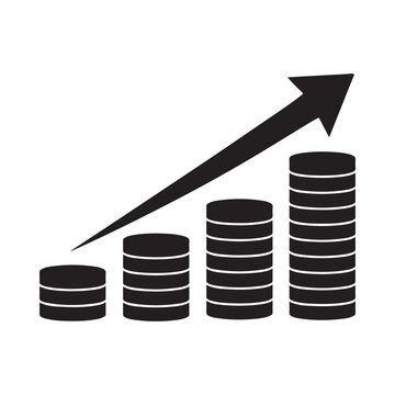 Stacked coins with upward pointing arrow black silhouette on white background