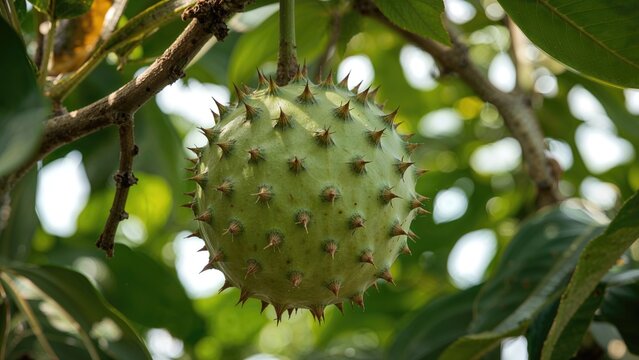A green fruit with spines hanging from tree branches with broad green leaves.