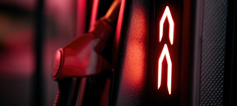 Red fuel nozzle and illuminated indicators on a dark, textured surface