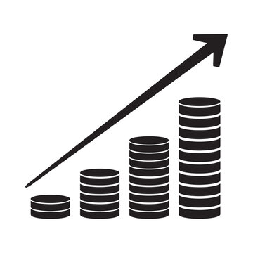 Stacks Of Coins And Rising Arrow Black Silhouette On White Background