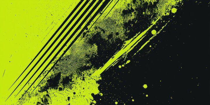 Energetic abstract with neon green streaks and black splatters on a dark background