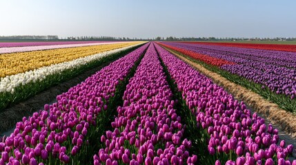 Fototapeta premium Vast rows of vibrant tulips stretch to a clear horizon under a bright sky