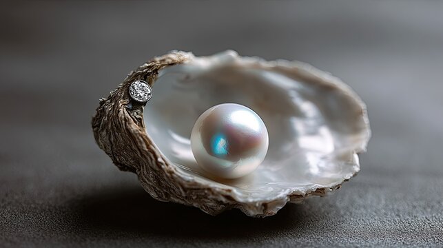 A lustrous, iridescent pearl rests nestled within a rough, open seashell