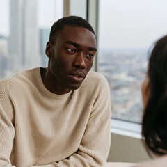 Fototapeta premium Engaged professional man in beige sweater conversing in office with panoramic city view for interview and corporate communication background