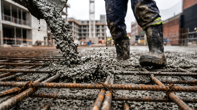 Construction worker pouring wet concrete from a mixer chute onto a steel rebar mesh framework at an industrial building site during a daytime project to create a solid foundation base.
