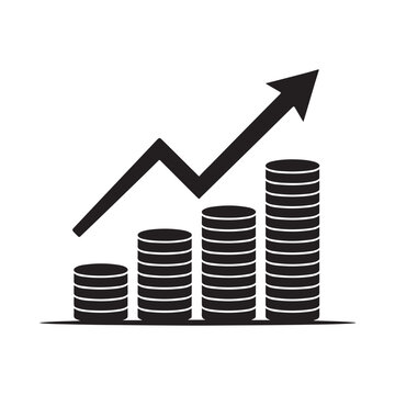 Stacked coins with rising arrow black silhouette on white background
