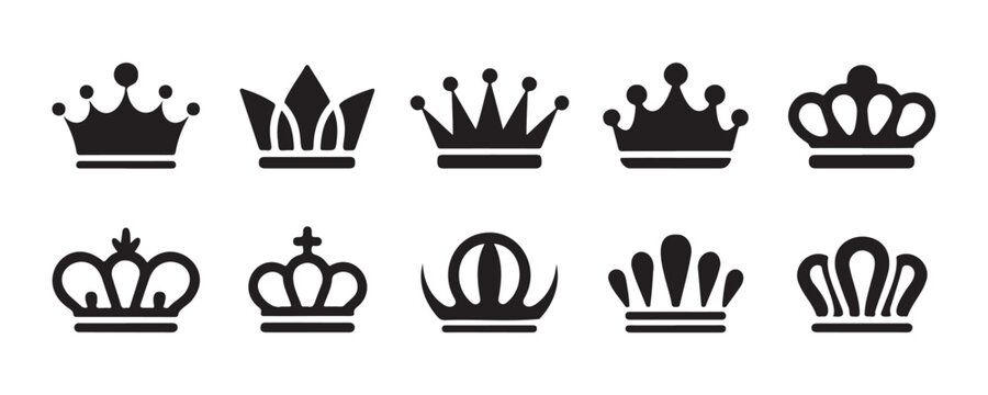 Royal crowns set, king and queen crown silhouettes, imperial symbols, monarchy power signs.