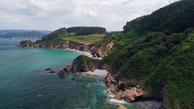 Costa Verde Spain - Aerial view of Forest Rolling into the Atlantic Ocean with green vegetation pouring on to wild beach coast surrounded by rocky cliffs