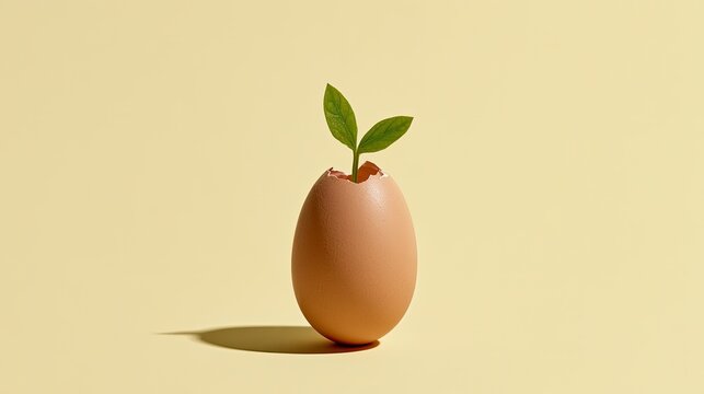A cracked eggshell holds a tiny green sprout against a soft yellow backdrop