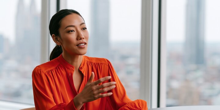 Confident asian businesswoman in red blouse speaking with hand gesture in office with city skyline for corporate presentation background and executive meeting design