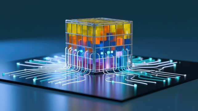 Abstract cuboid with colorful internal blocks connected by glowing digital circuits