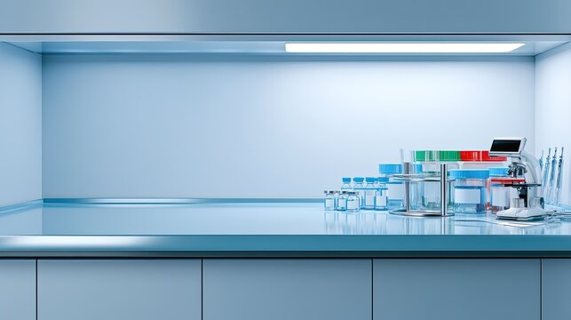 A sterile laboratory bench with medical equipment and scientific instruments