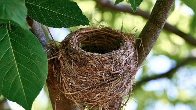A rustic, empty bird's nest rests on a tree branch, surrounded by green leaves