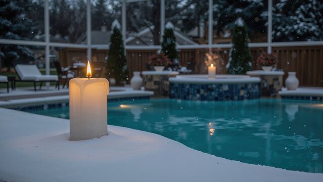 A lit candle on snow near a swimming pool in a backyard with trees and a wooden fence at dusk.