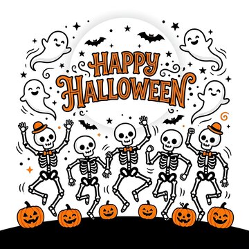 Happy halloween cartoon skeletons dancing with jack o lanterns and ghosts , Happy halloween 2026, Halloween 2026, Halloween, Halloween design, Halloween Poster Design .