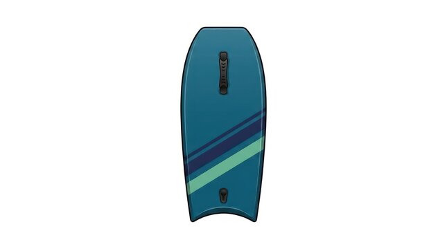 Minimalist bodyboard standing upright on white background. Vibrant blue surfboard with teal and lime wave design for summer sports.