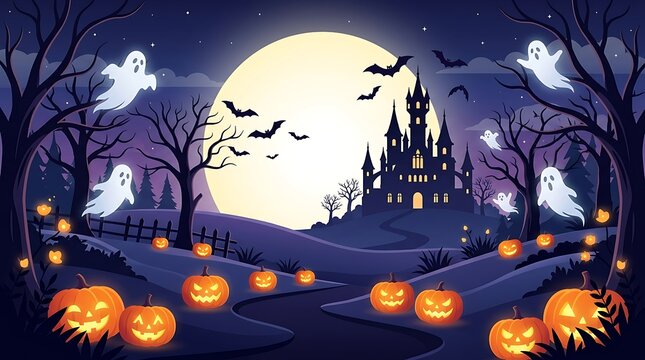 Halloween scene with jack o lanterns, ghosts, and haunted castle under a full moon , Happy halloween 2026, Halloween 2026, Halloween, Halloween design, Halloween Poster Design .