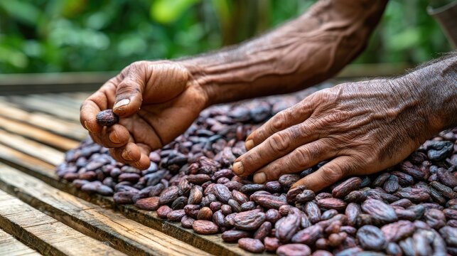Hands sorting dried cocoa beans on a wooden platform outdoors