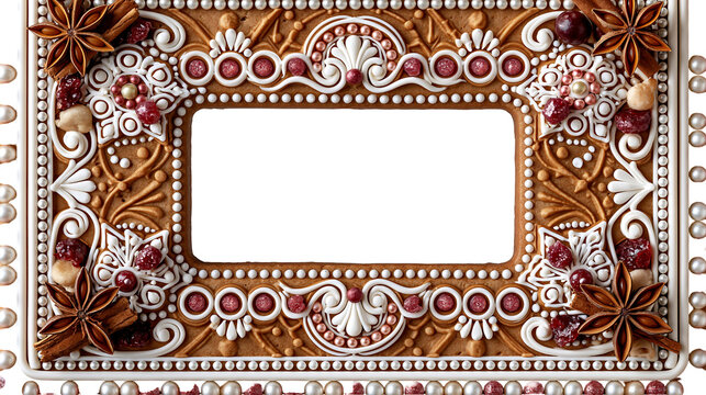 Intricate gingerbread frame border decorated with white icing star anise and berries isolated on transparent background