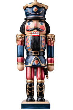 Wooden nutcracker soldier doll in blue and red uniform isolated on transparent background