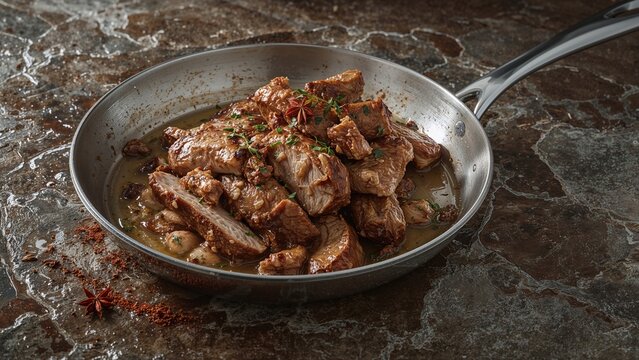 Searing juicy meat in a frying pan with spices on a rustic surface.