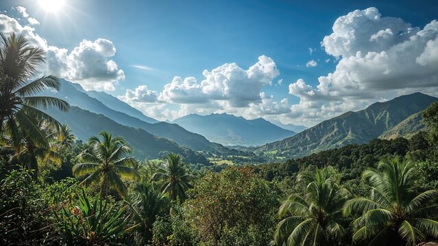 Vast tropical landscape with mountains, lush greenery, and palm trees under a bright cloud-filled sky.