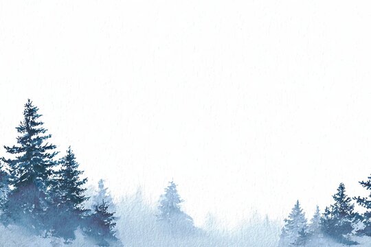  Minimalistischer Aquarell Winterwald Hintergrund. Blaue Tannenb&auml;ume im Nebel mit Papierstruktur und gro&szlig;em Textfreiraum f&uuml;r Weihnachten oder Gru&szlig;karten