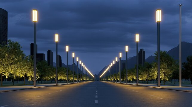 Illuminated avenue leads to distant mountains under a twilight sky