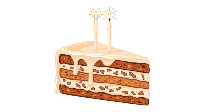Decadent slice of chocolate and cream layer cake with dripping icing and two lit golden candles on a plain background.