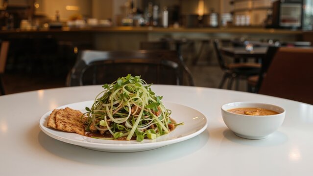 Plate of food with greens and bread next to a bowl of soup on a white table in a restaurant setting