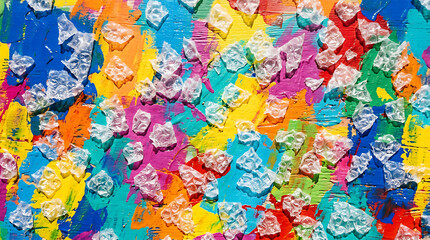 Fototapeta premium Abstract textured art with scattered colorful paint fragments and vibrant energetic background