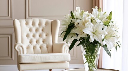 Obraz premium Elegant cream tufted armchair beside a vase of lush white lilies
