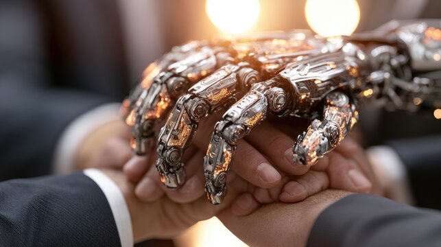 Robotic hand joins human hands in gesture of unity and future