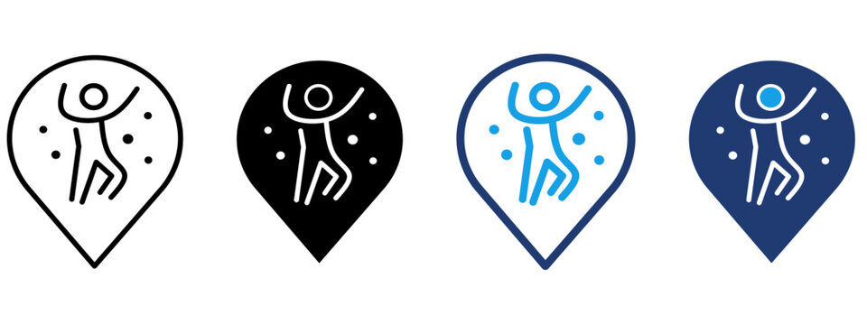 Dance location pin icon with dancing person and map pointer. Symbol of event location, party finder, club marker, festival spot, entertainment place, celebration, and venue marker.